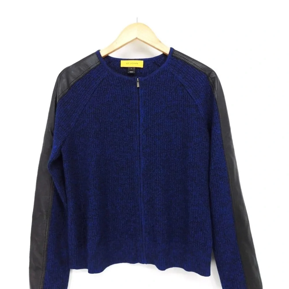 EUC St. John Blue and Black Leather Trim Full Zip Cardigan Sweater Sz Medium